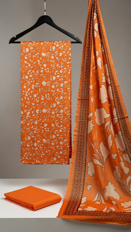 Premium 3 Piece Needle Lawn Suit (Orange)