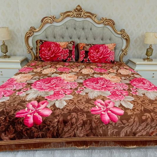 Winter King Size Bedsheet Set with 2 Pillow Covers - Brown Floral