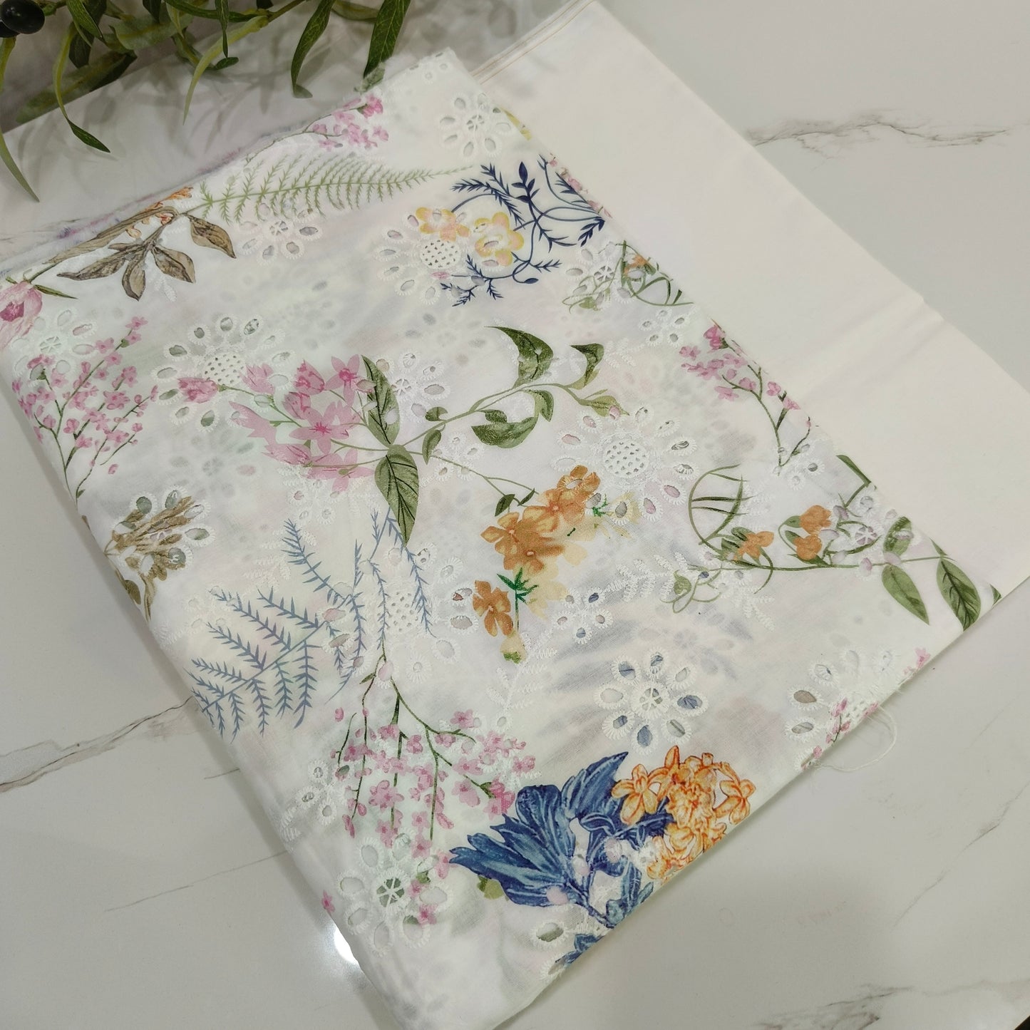 Imported Chicken Kari Lawn Shirt with Plain Trouser (White Multi leaves Floral)