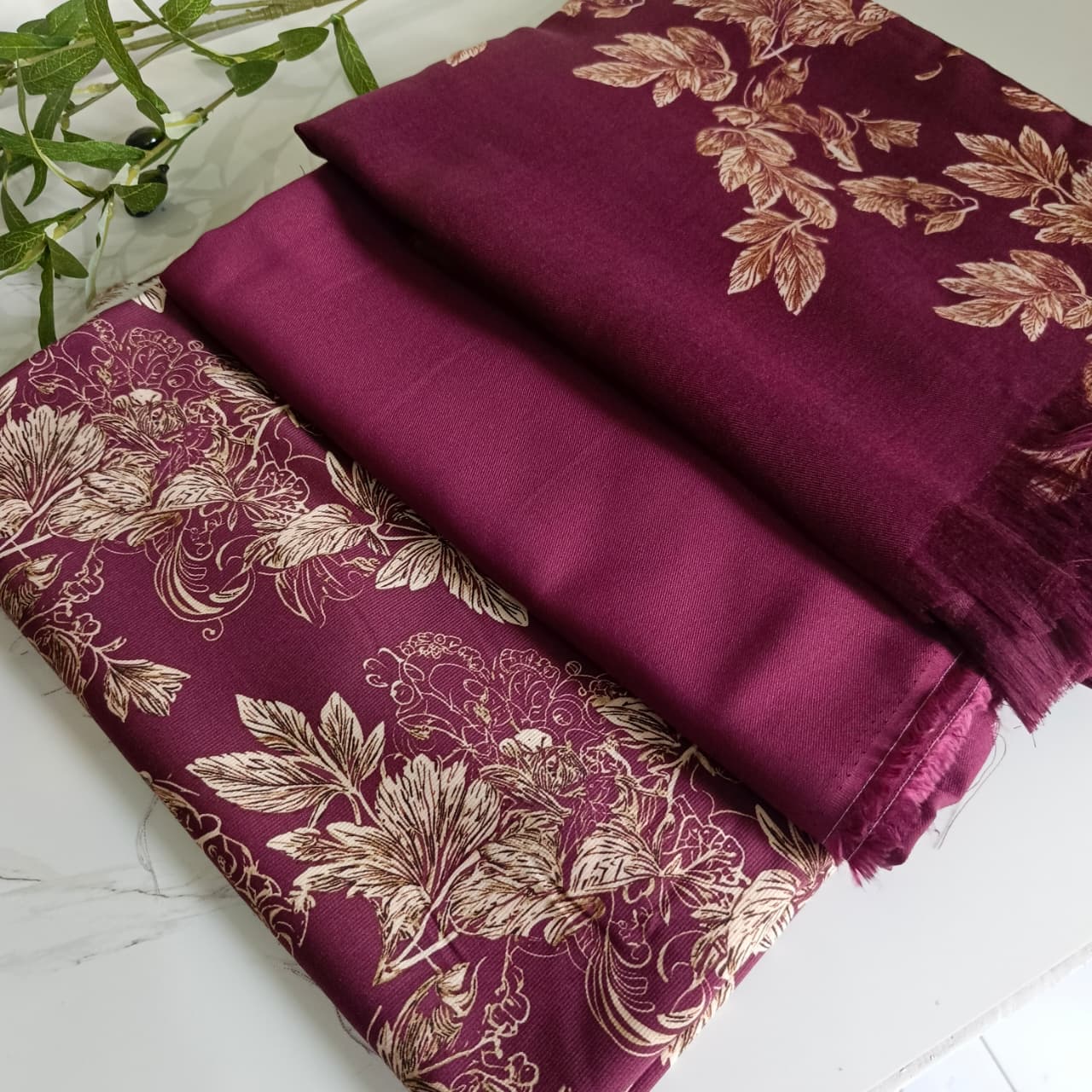 Luxury Plum Corduroy Marina 3-Piece Unstitched Suit with Printed Shawl