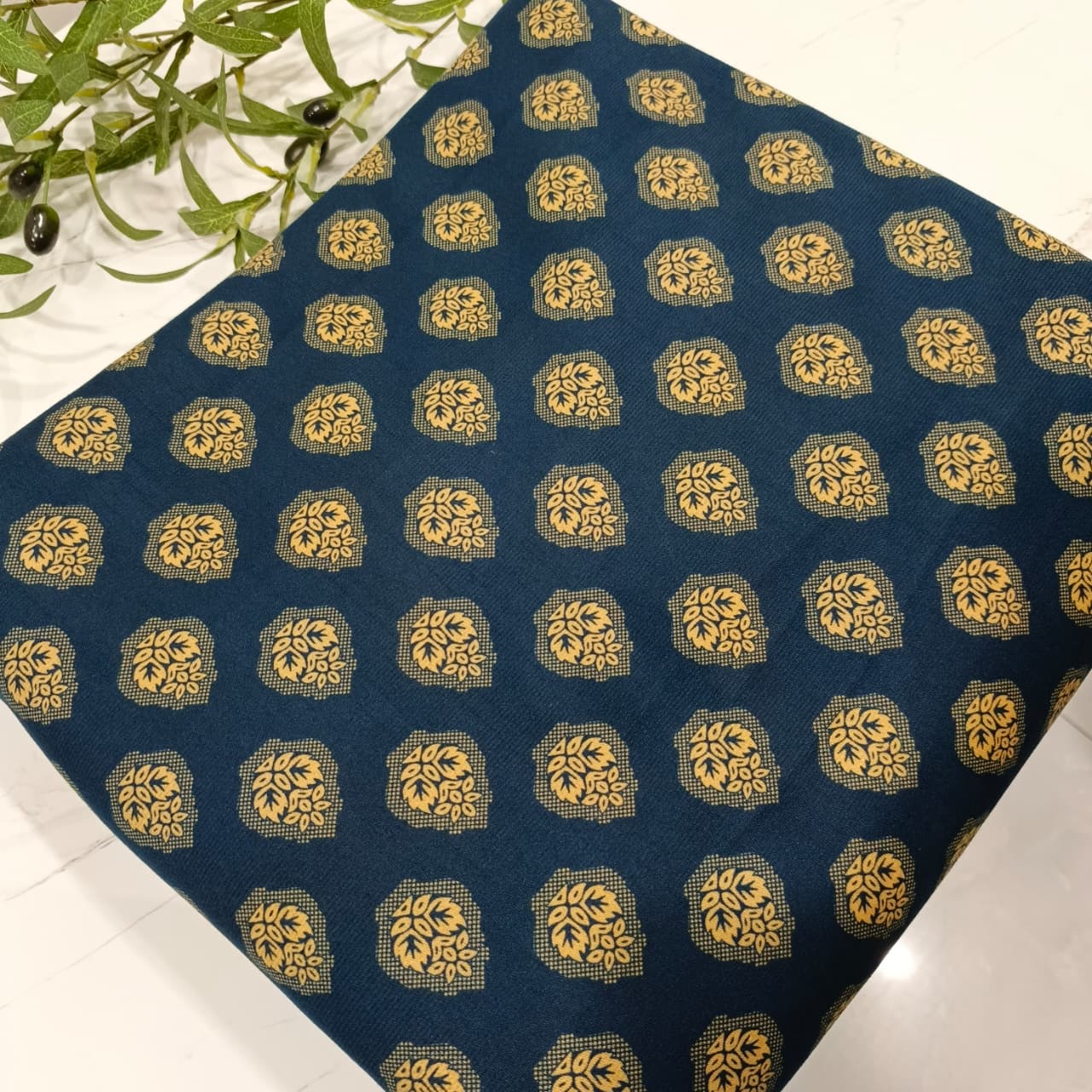 Heater Wool Fabric Imported (Navy Blue Zari Print) – Soft Wool Material for Winter Dresses
