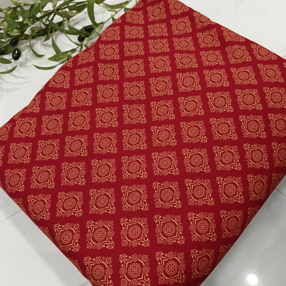 Heater Wool Fabric Imported (Maroon motive) – Soft Wool Material for Winter Dresses