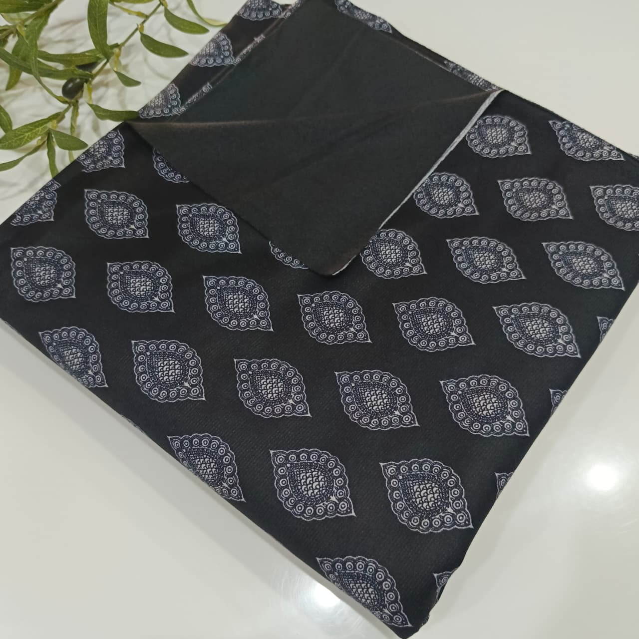 Heater Wool Fabric Imported (Black Motive) – Soft Wool Material for Winter Dresses