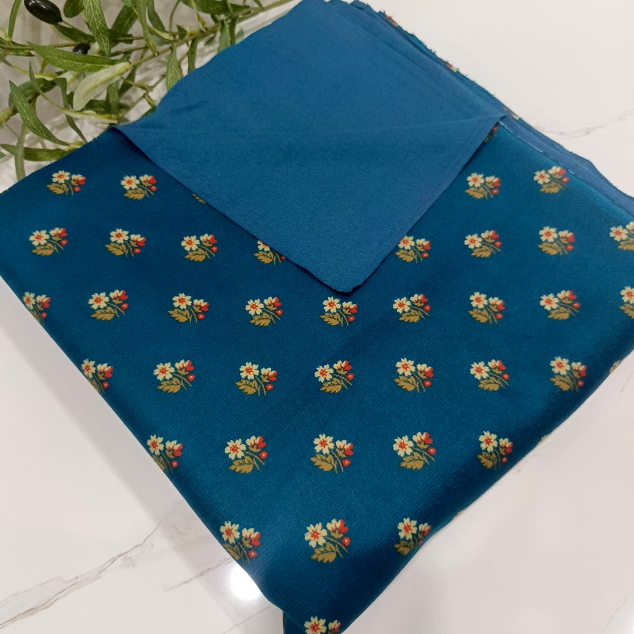 Heater Wool Fabric Imported (Deep Ocean Blue Flowers) – Soft Wool Material for Winter Dresses