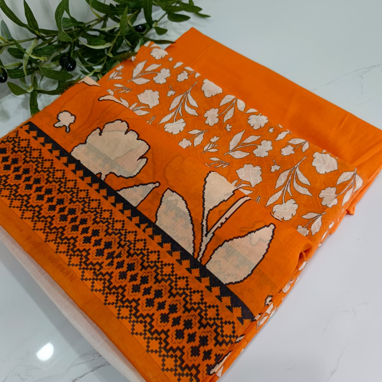 Premium 3 Piece Needle Lawn Suit (Orange)