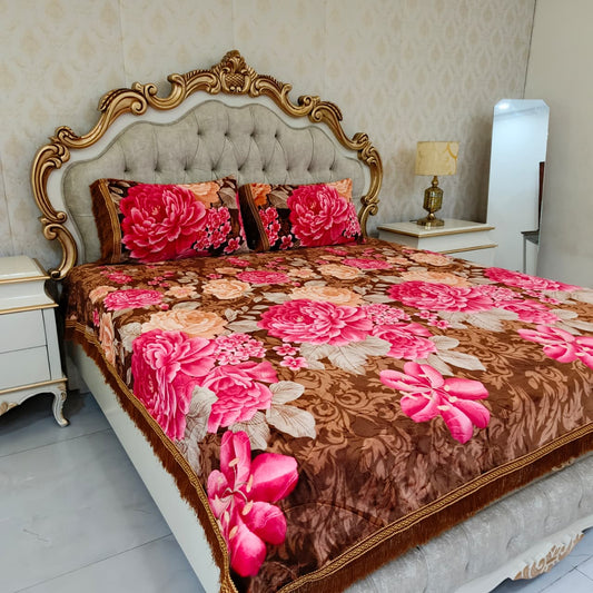 Winter King Size Bedsheet Set with 2 Pillow Covers - Brown Floral