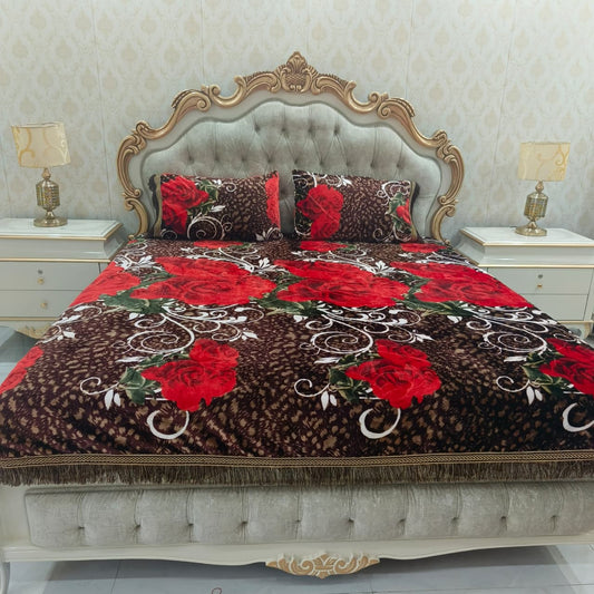 Winter King Size Bedsheet Set with 2 Pillow Covers - Brown 3D Floral