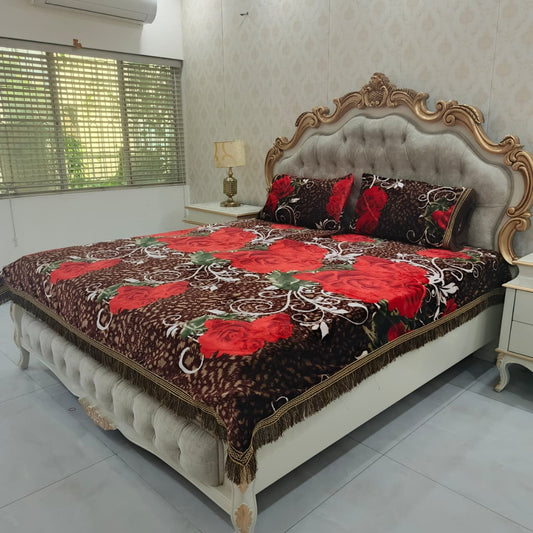 Winter King Size Bedsheet Set with 2 Pillow Covers - Brown 3D Floral