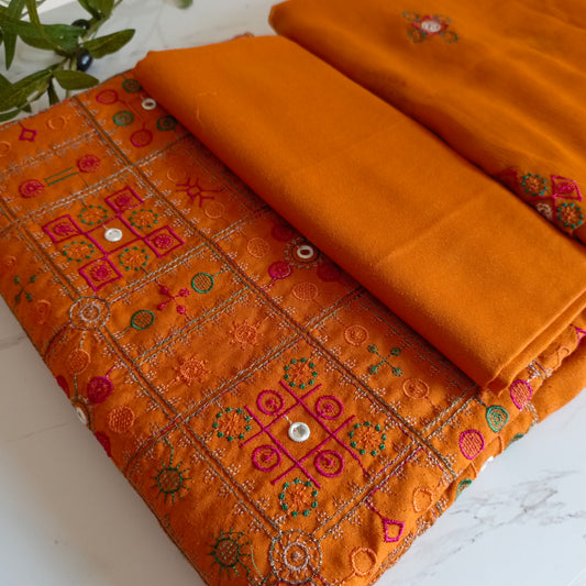 Embroidered Karandi 3-Piece Suit with Chiffon Dupatta