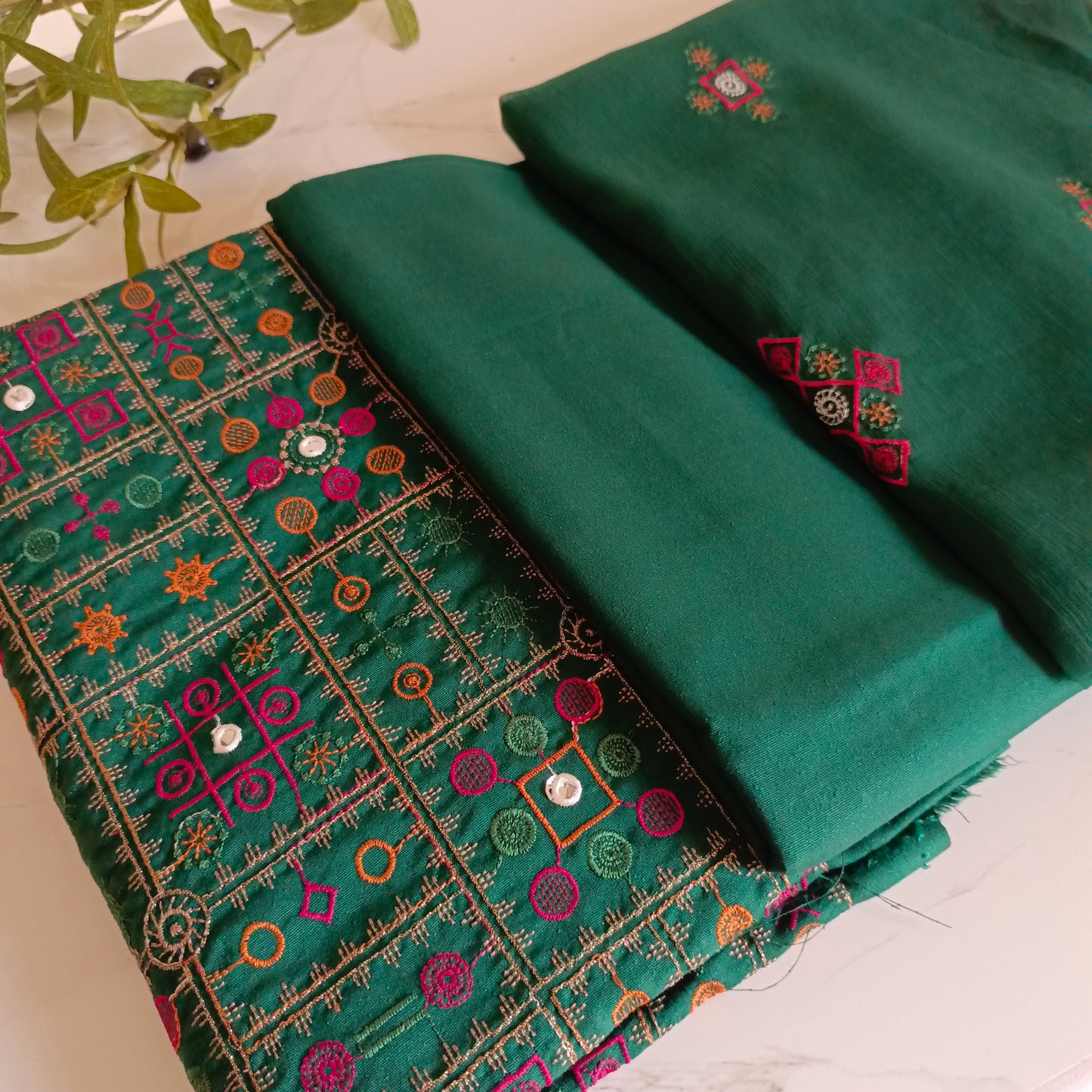 Embroidered Karandi 3-Piece Suit with Chiffon Dupatta