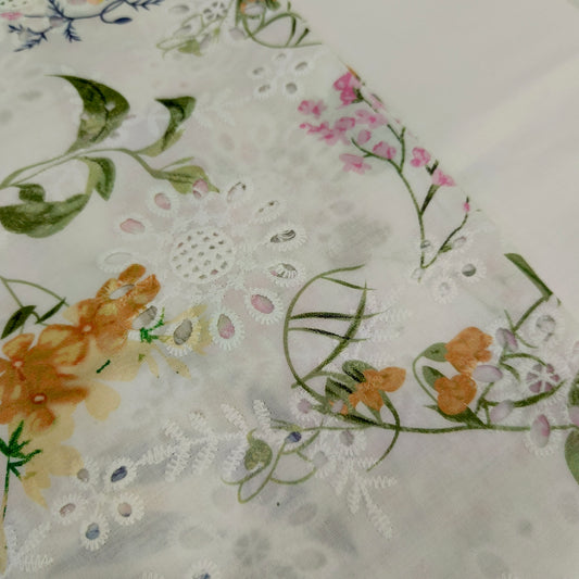 Imported Chicken Kari Lawn Shirt with Plain Trouser (White Multi leaves Floral)