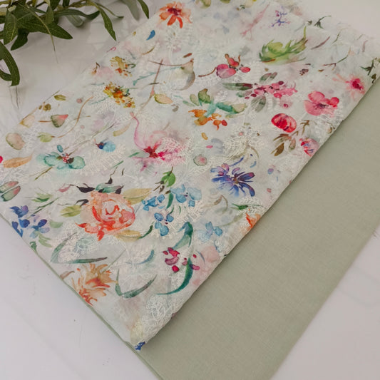 Imported Chicken Kari Silk Lawn Shirt with Plain Trouser (Pistachio Floral)