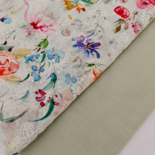 Imported Chicken Kari Silk Lawn Shirt with Plain Trouser (Pistachio Floral)