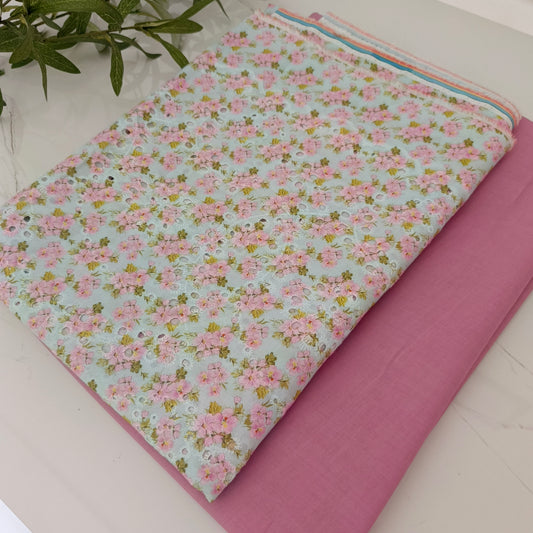 Imported Chicken Kari Lawn Shirt with Plain Trouser (Sky Blue Mauve Floral)