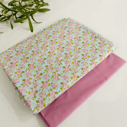 Imported Chicken Kari Lawn Shirt with Plain Trouser (Sky Blue Mauve Floral)