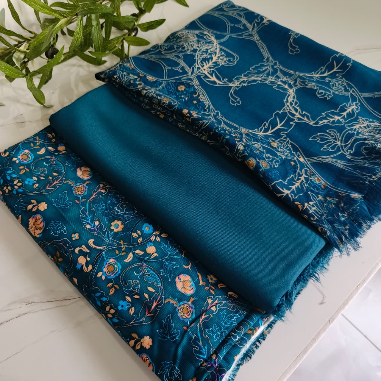 Luxury Royal Blue Corduroy Marina 3-Piece Unstitched Suit with Printed Shawl