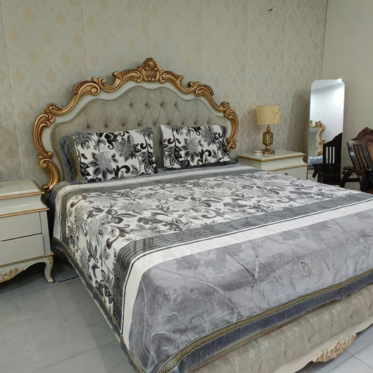 Winter King Size Bedsheet Set with 2 Pillow Covers - White with Grey Floral