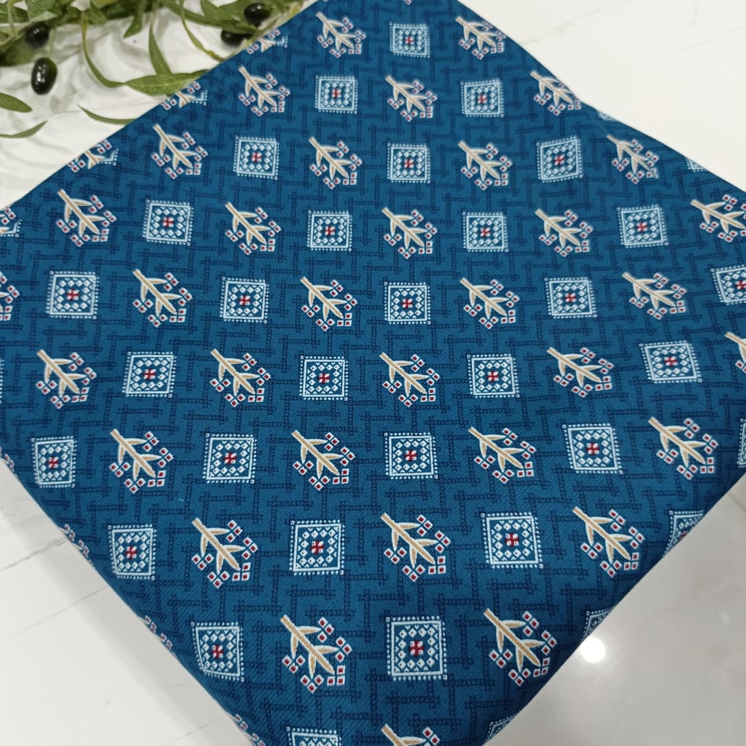 Heater Wool Fabric Imported (Royal Blue Motive) – Soft Wool Material for Winter Dresses