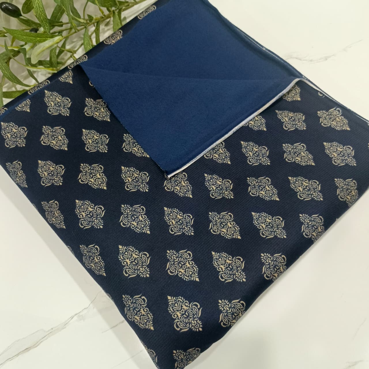 Heater Wool Fabric Imported (Navy Blue Motive) – Soft Wool Material for Winter Dresses