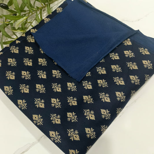 Heater Wool Fabric Imported (Navy Blue Flower) – Soft Wool Material for Winter Dresses