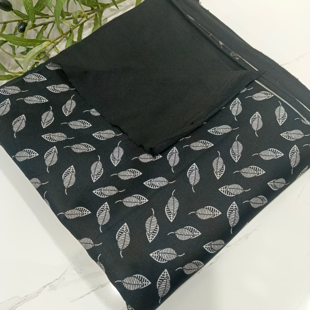 Heater Wool Fabric Imported (Black White Leaf) – Soft Wool Material for Winter Dresses