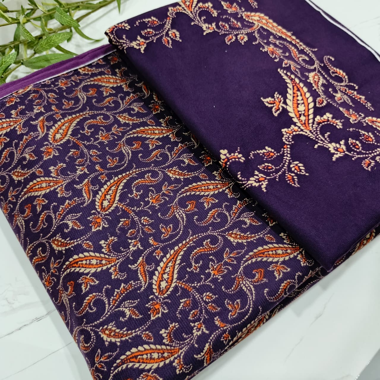 Heater Wool Fabric Imported (Plum Multi Floral) – 3-Piece Soft Wool Material with Vibrant Matching Dupatta