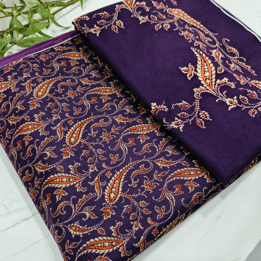 Heater Wool Fabric Imported (Plum Multi Floral) – 3-Piece Soft Wool Material with Vibrant Matching Dupatta
