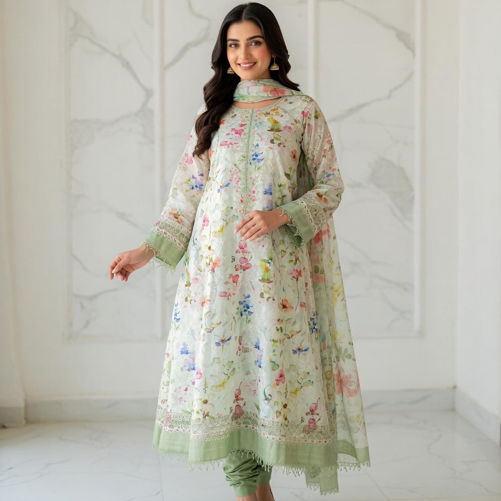 Imported Chicken Kari Silk Lawn Shirt with Plain Trouser (Pistachio Floral)