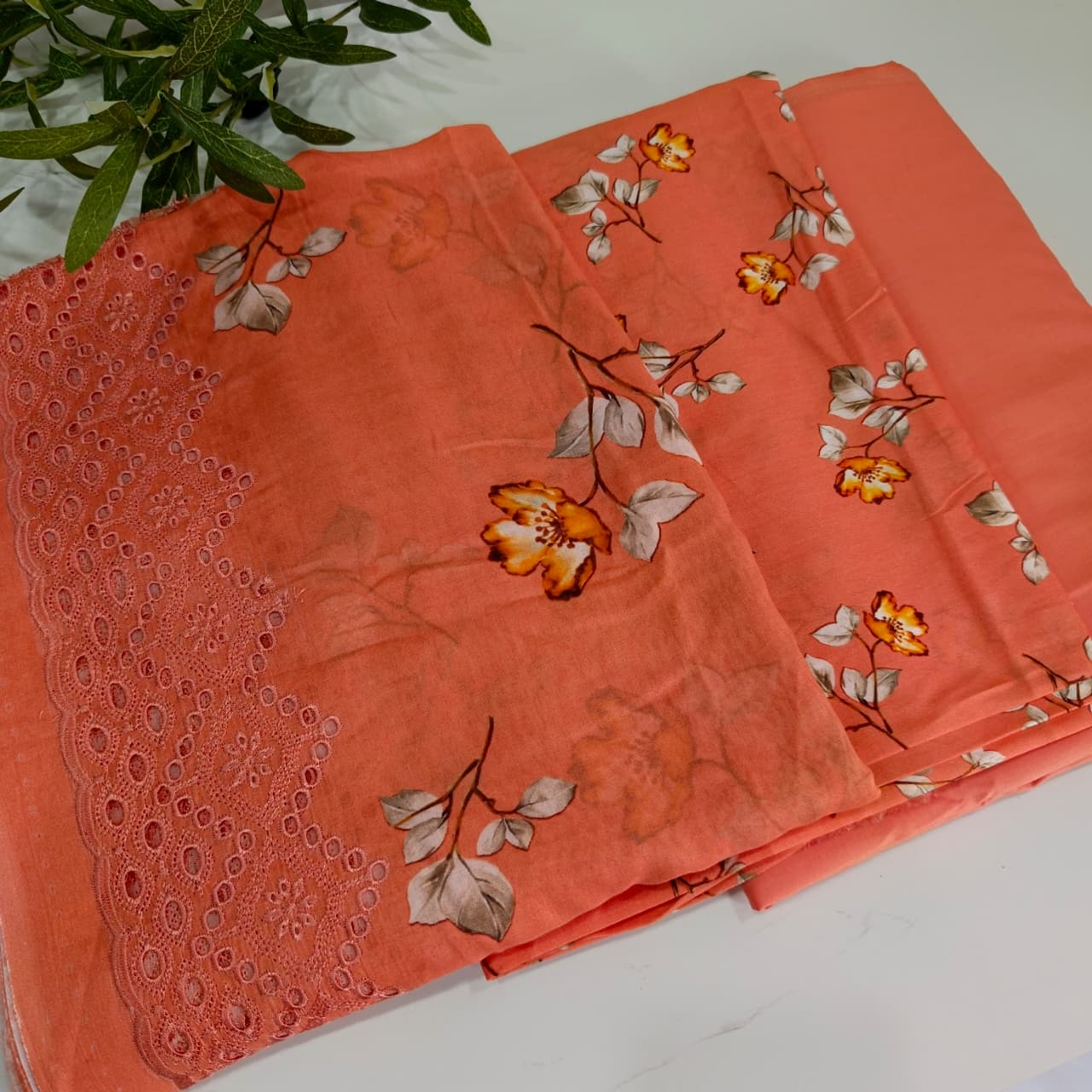 3 Piece Lawn Suit – Printed Shirt with Embroidered Dupatta (Peach)