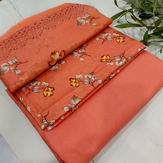 3 Piece Lawn Suit – Printed Shirt with Embroidered Dupatta (Peach)