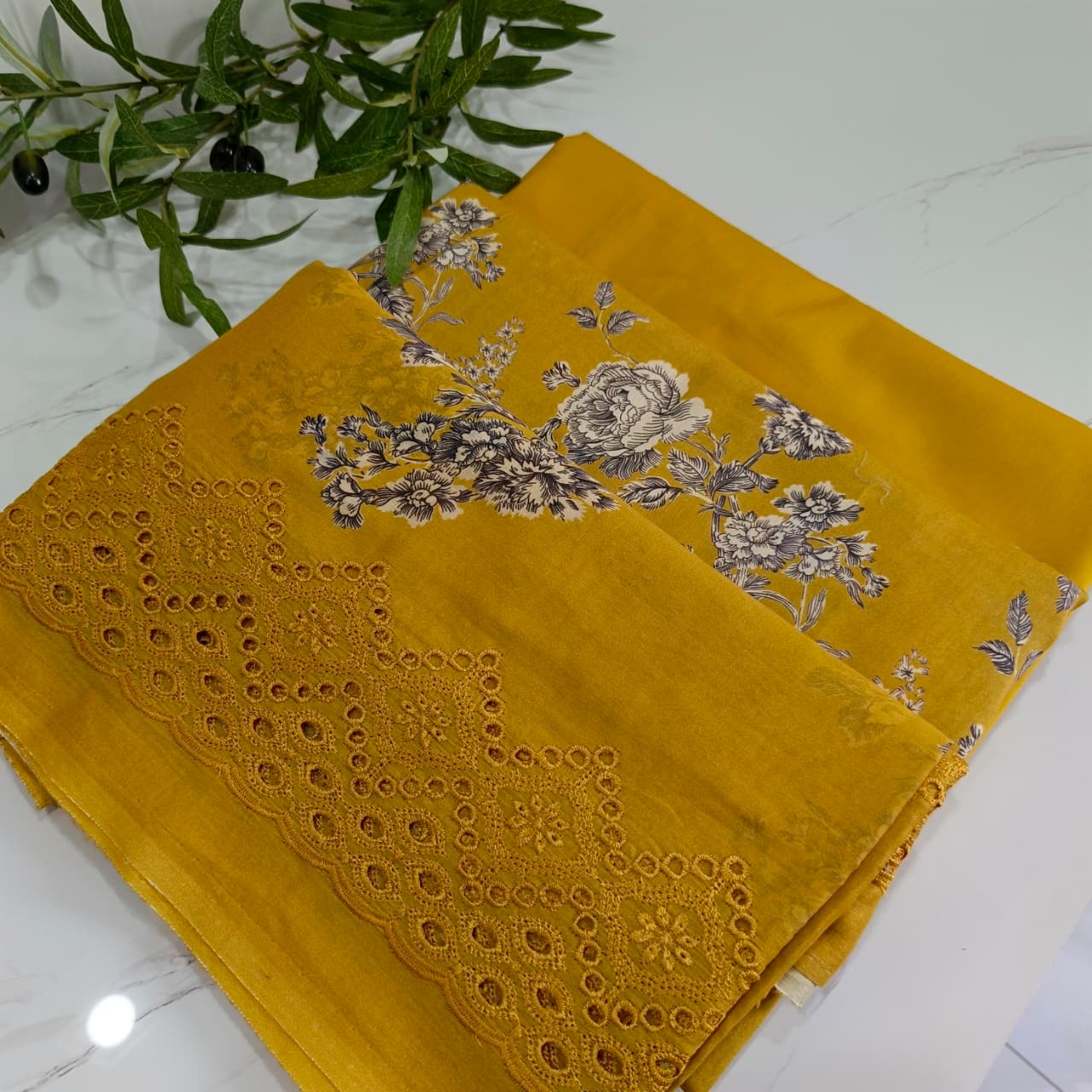 3 Piece Lawn Suit – Printed Shirt with Embroidered Dupatta (Mustard)