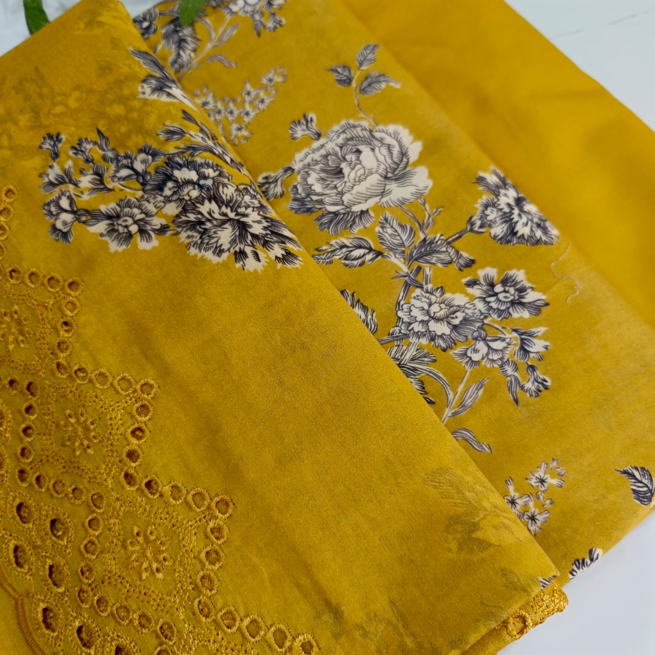 3 Piece Lawn Suit – Printed Shirt with Embroidered Dupatta (Mustard)