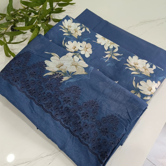 3 Piece Lawn Suit – Printed Shirt with Embroidered Dupatta (Blue)