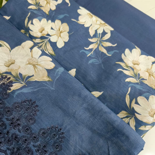 3 Piece Lawn Suit – Printed Shirt with Embroidered Dupatta (Blue)