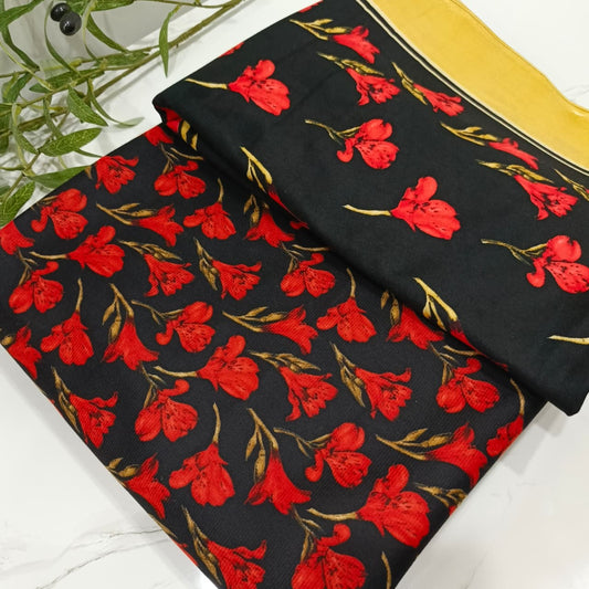 Black fabric with red floral pattern on a white surface
imported heater wool fabric Pakistan