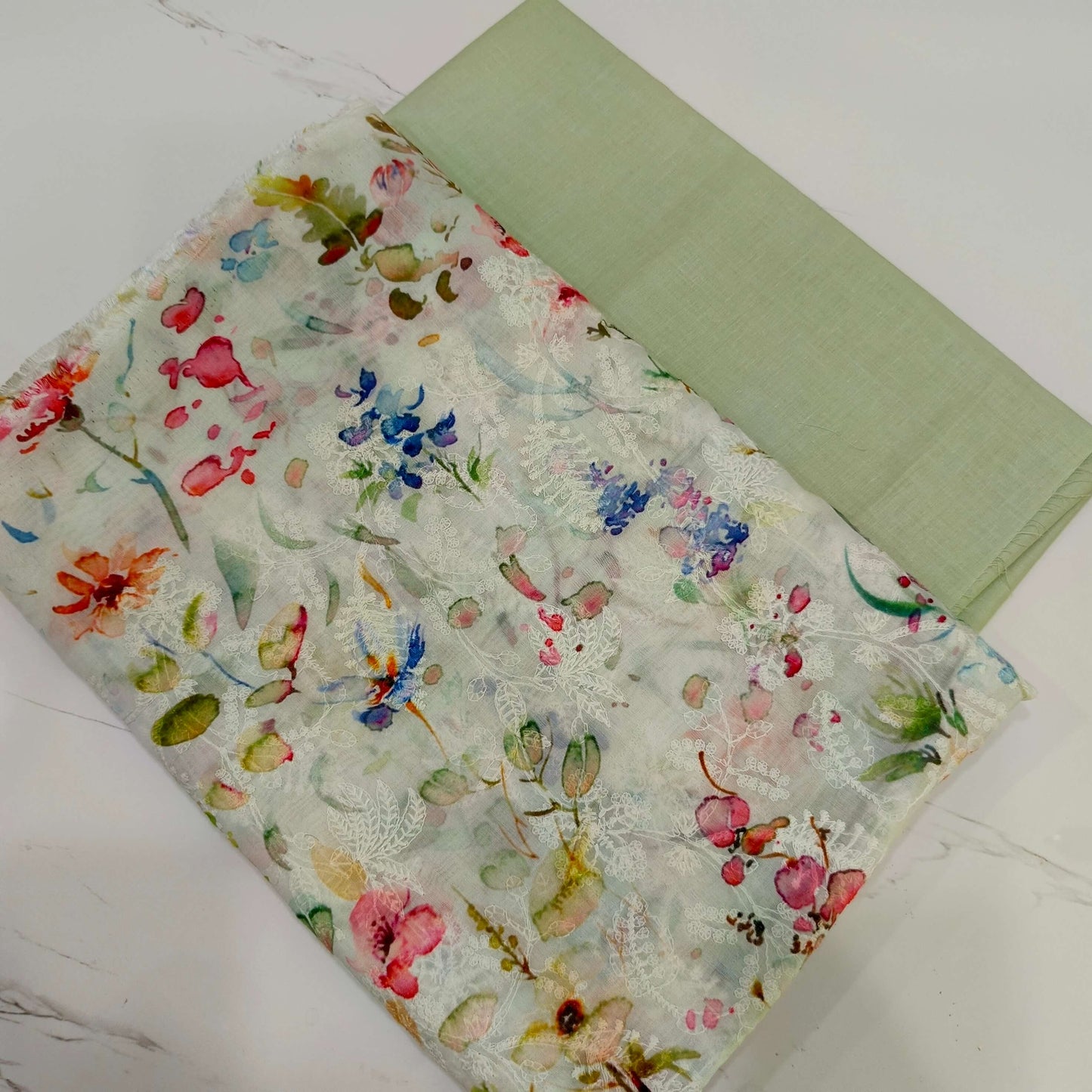 Imported Chicken Kari Silk Lawn Shirt with Plain Trouser (Pistachio Floral)