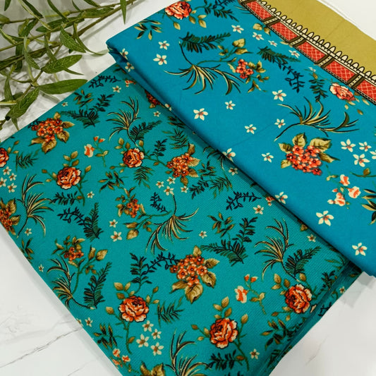 Two rolls of floral fabric with orange flowers and green leaves on a blue background.
imported heater wool fabric Pakistan