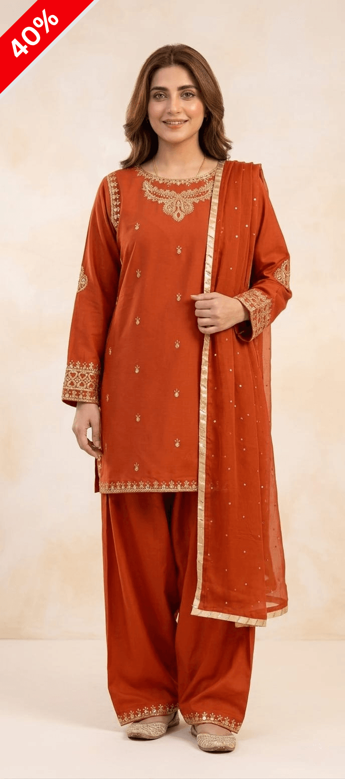 Zar - Rust Noor Premium Embroidered 3 Piece Suit | Luxury Wedding & Festive Wear Pakistan