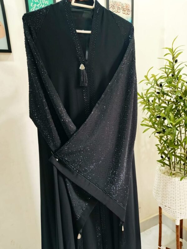 Black Heavy Work Abaya – Premium Nida Fabric | Luxury Modest Wear Pakistan - Image 3
