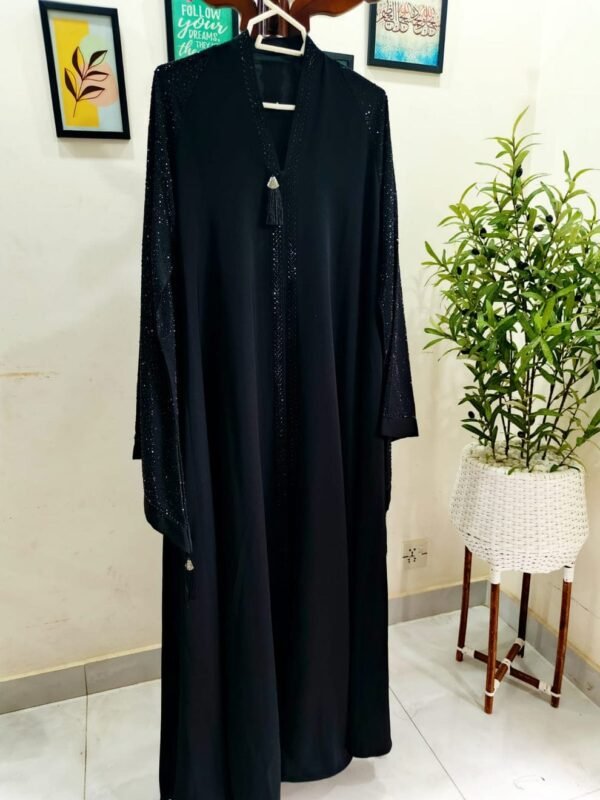 Black Heavy Work Abaya – Premium Nida Fabric | Luxury Modest Wear Pakistan - Image 2