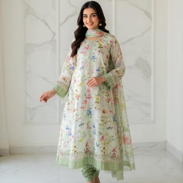 Imported Chicken Kari Silk Lawn Shirt with Plain Trouser (Pistachio Floral) - Image 2