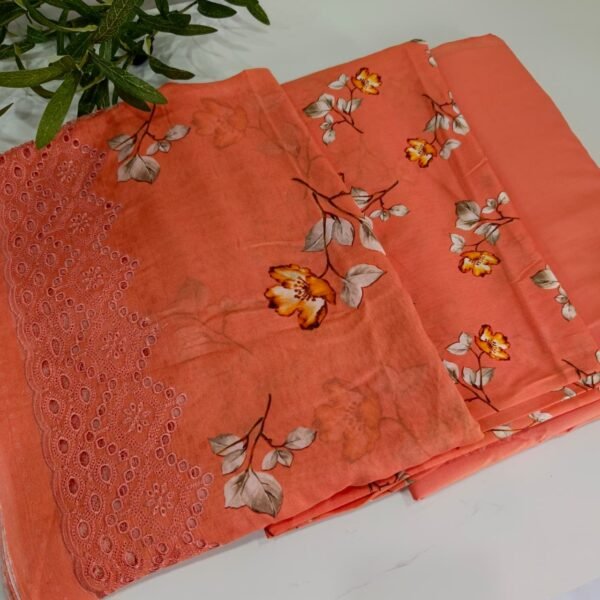 3 Piece Lawn Suit with Embroidered Dupatta – Unstitched Summer Lawn Dress (Peach) - Image 2