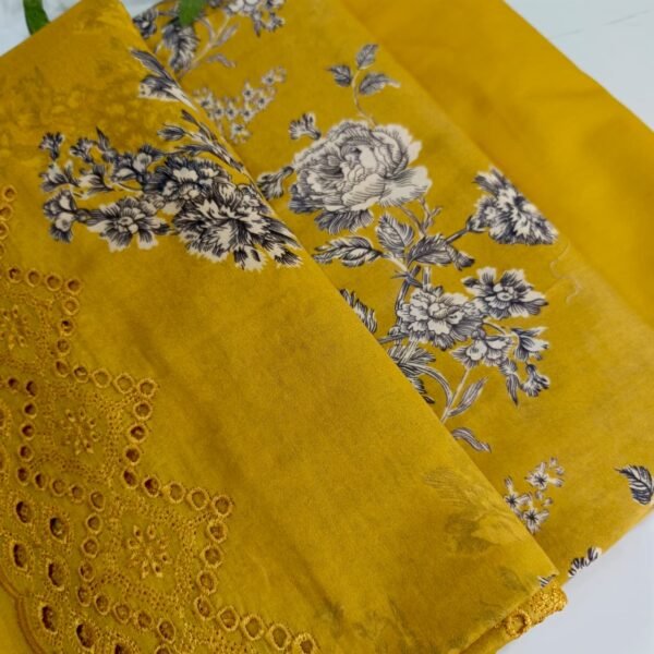Embroidered Lawn 3 Piece Unstitched Suit – Summer Collection Pakistan (Mustard) - Image 2
