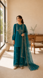 Zar - Emerald Teal Premium Embroidered 3 Piece Suit | Luxury Wedding & Festive Wear Pakistan
