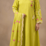 Zar Lime Zarri Anarkali Frock 3 Piece Suit in lime green featuring pink floral embroidery, Angrakha-style Anarkali design, matching trouser, and embroidered Voil Lawn dupatta.
