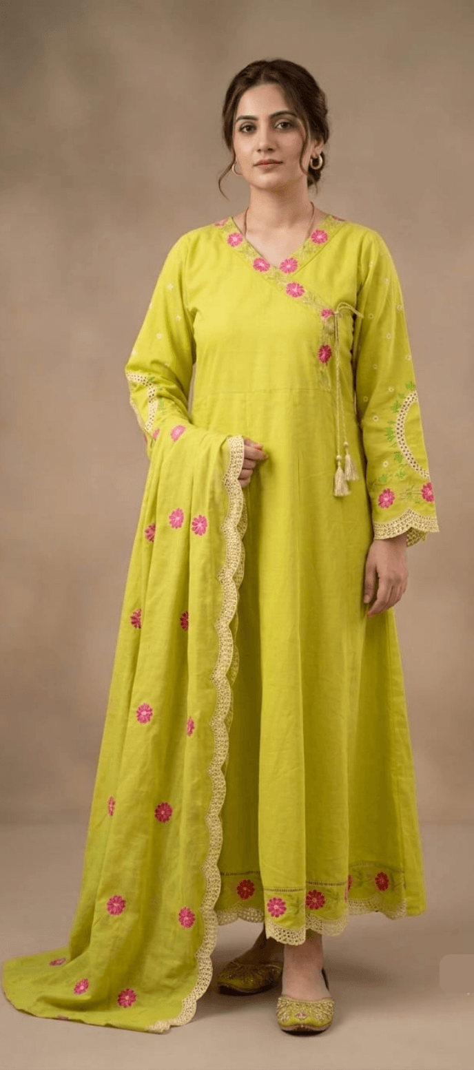 lime zari Zar Lime Zarri Anarkali Frock 3 Piece Suit in lime green featuring pink floral embroidery, Angrakha-style Anarkali design, matching trouser, and embroidered Voil Lawn dupatta.