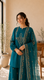 Zar - Emerald Teal Premium Embroidered 3 Piece Suit | Luxury Wedding & Festive Wear Pakistan - Image 2