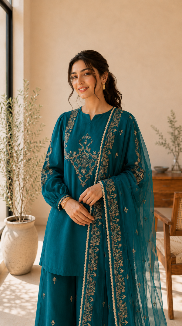 Zar - Emerald Teal Premium Embroidered 3 Piece Suit | Luxury Wedding & Festive Wear Pakistan - Image 2