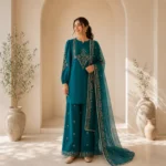 Zar - Emerald Teal Premium Embroidered 3 Piece Suit | Luxury Wedding & Festive Wear Pakistan